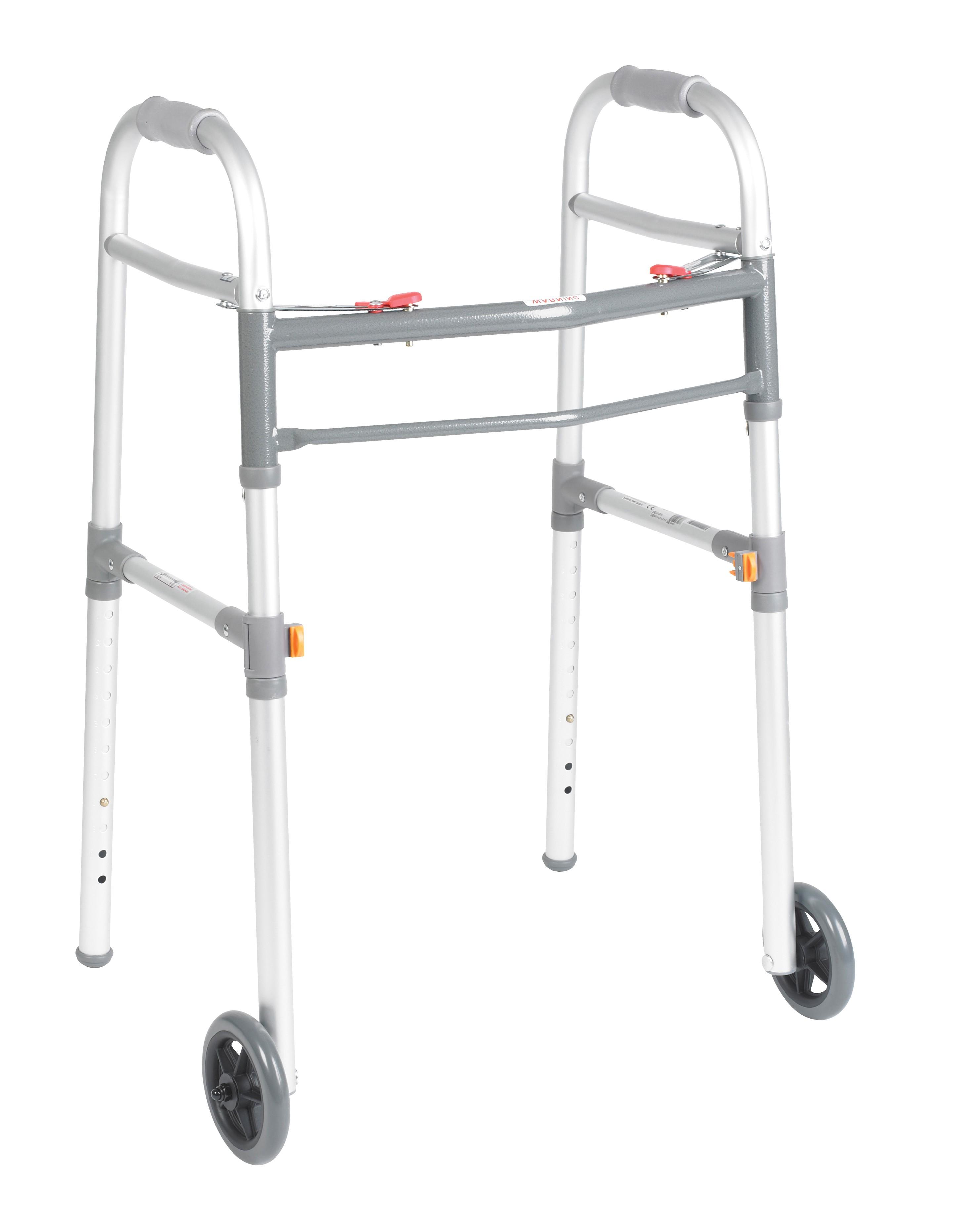 Universal (Adult/Junior) Folding Walker, Two Button with 5" Wheels Universal (Adult/Junior) Folding Walker, Two Button with 5" Wheels